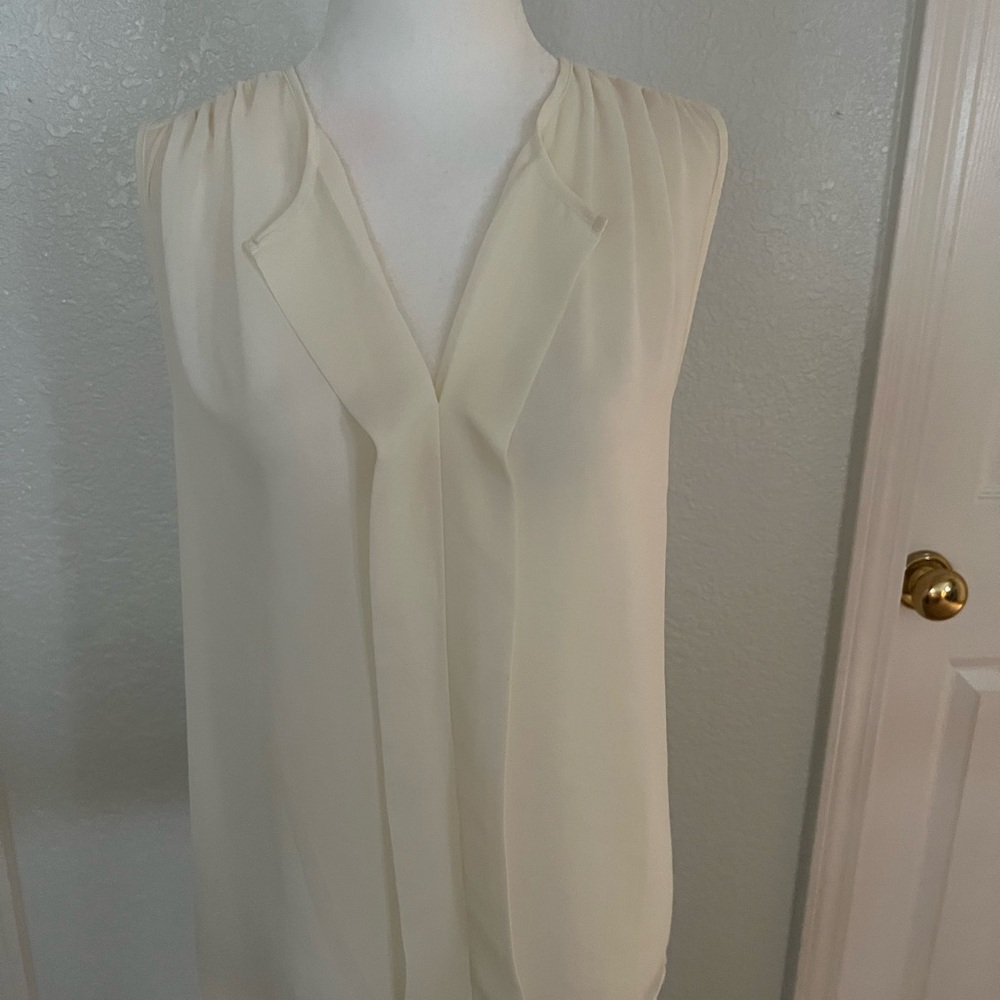 Blue Rain Cream Sleeveless Blouse with Tie Front and Notched Collar
